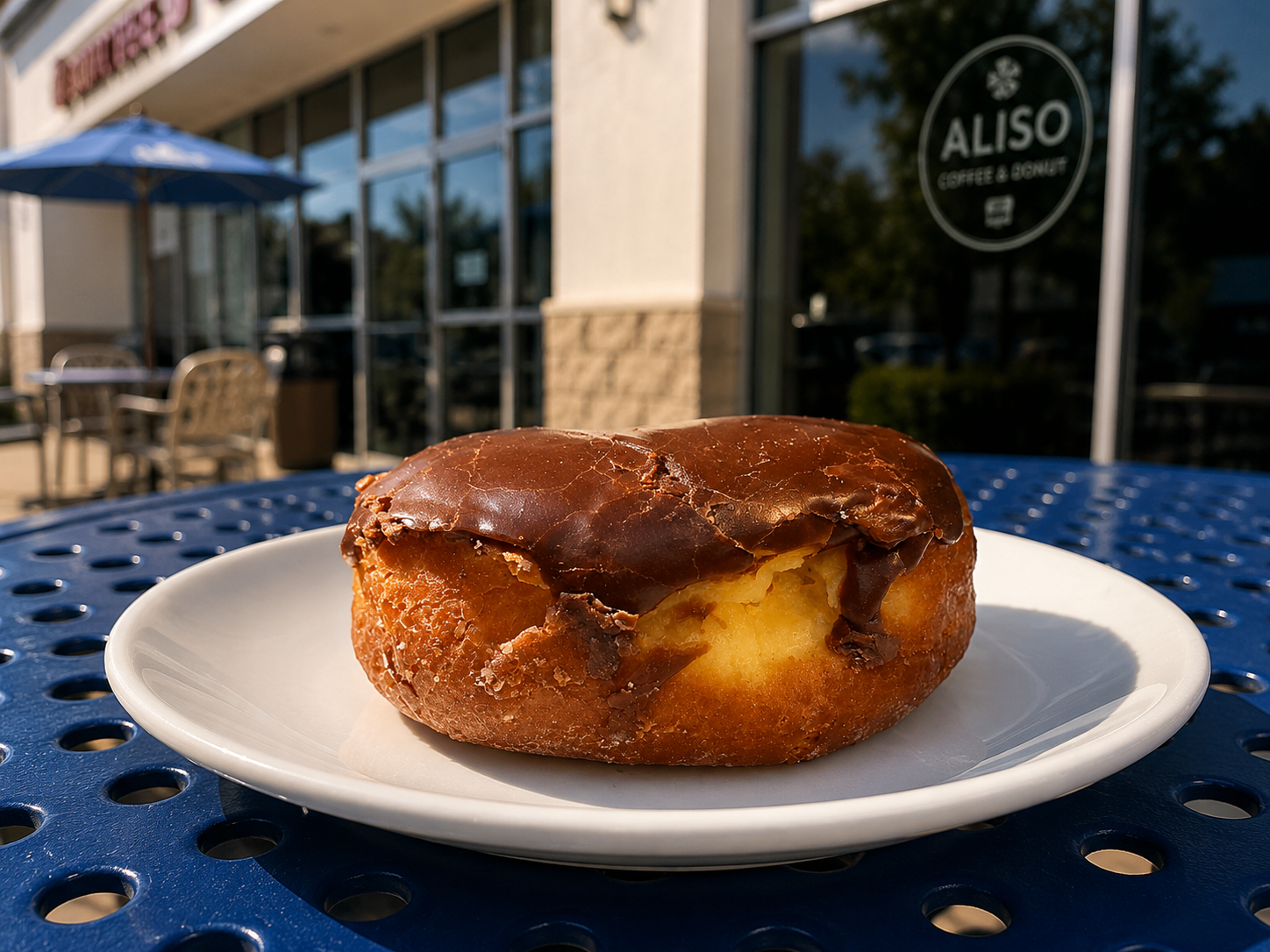 Fresh donut on a plate outside the shop