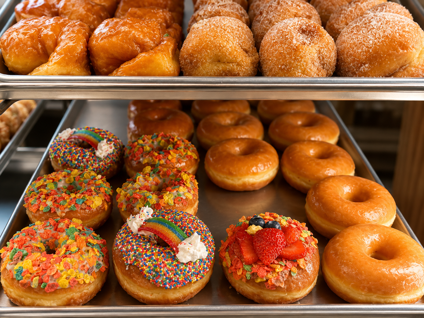 Assorted donuts in the display case