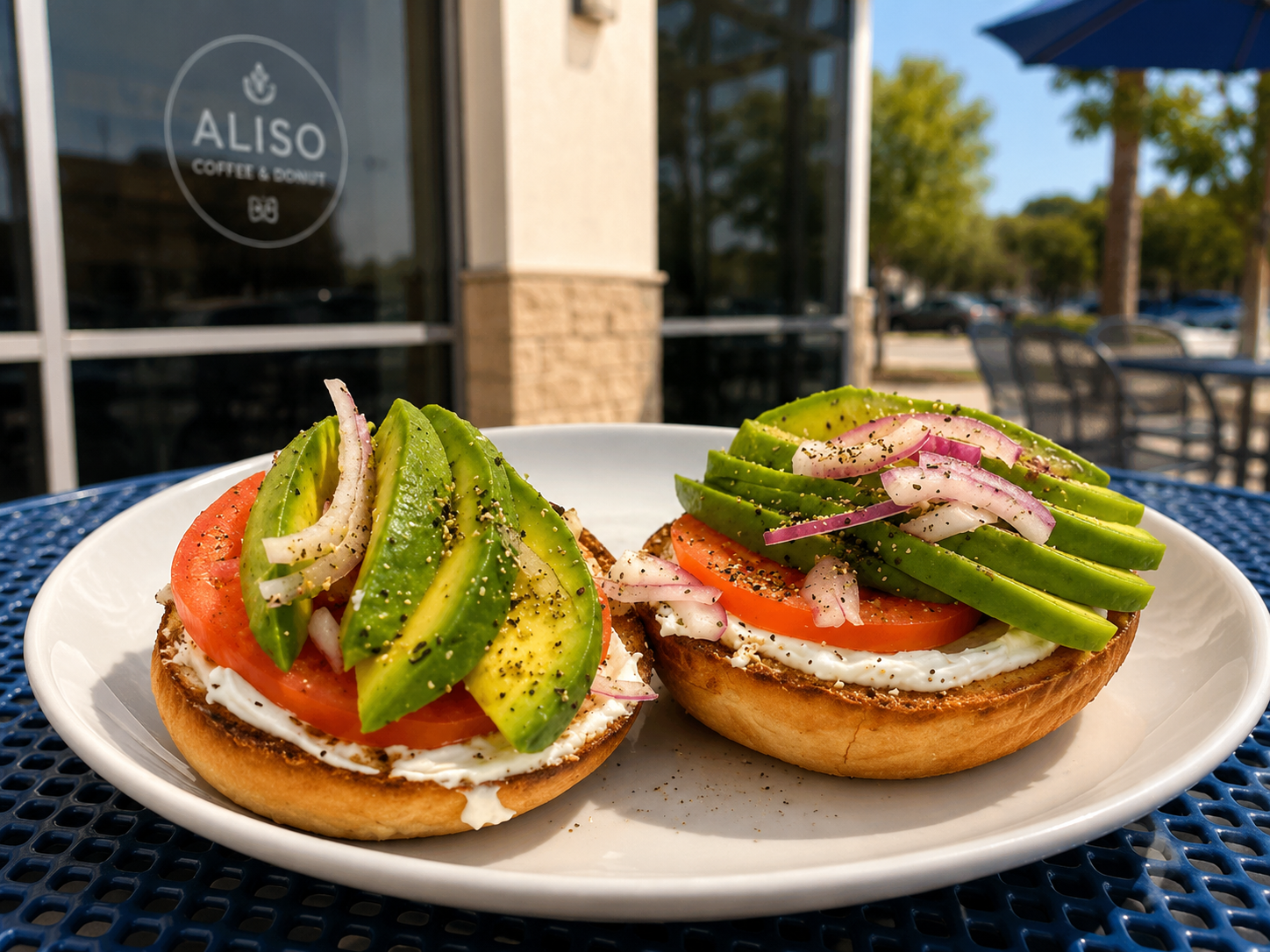 Savory breakfast bagel sandwiches outside the shop