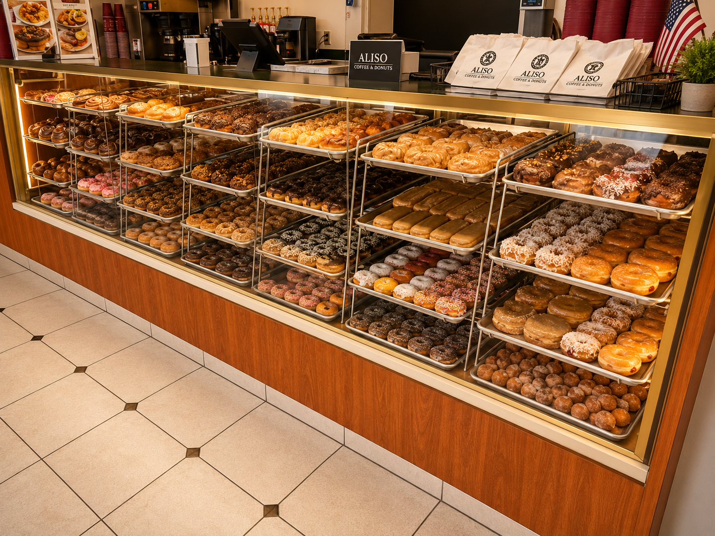 Fresh donuts and pastries in the display case at Aliso Coffee & Donut