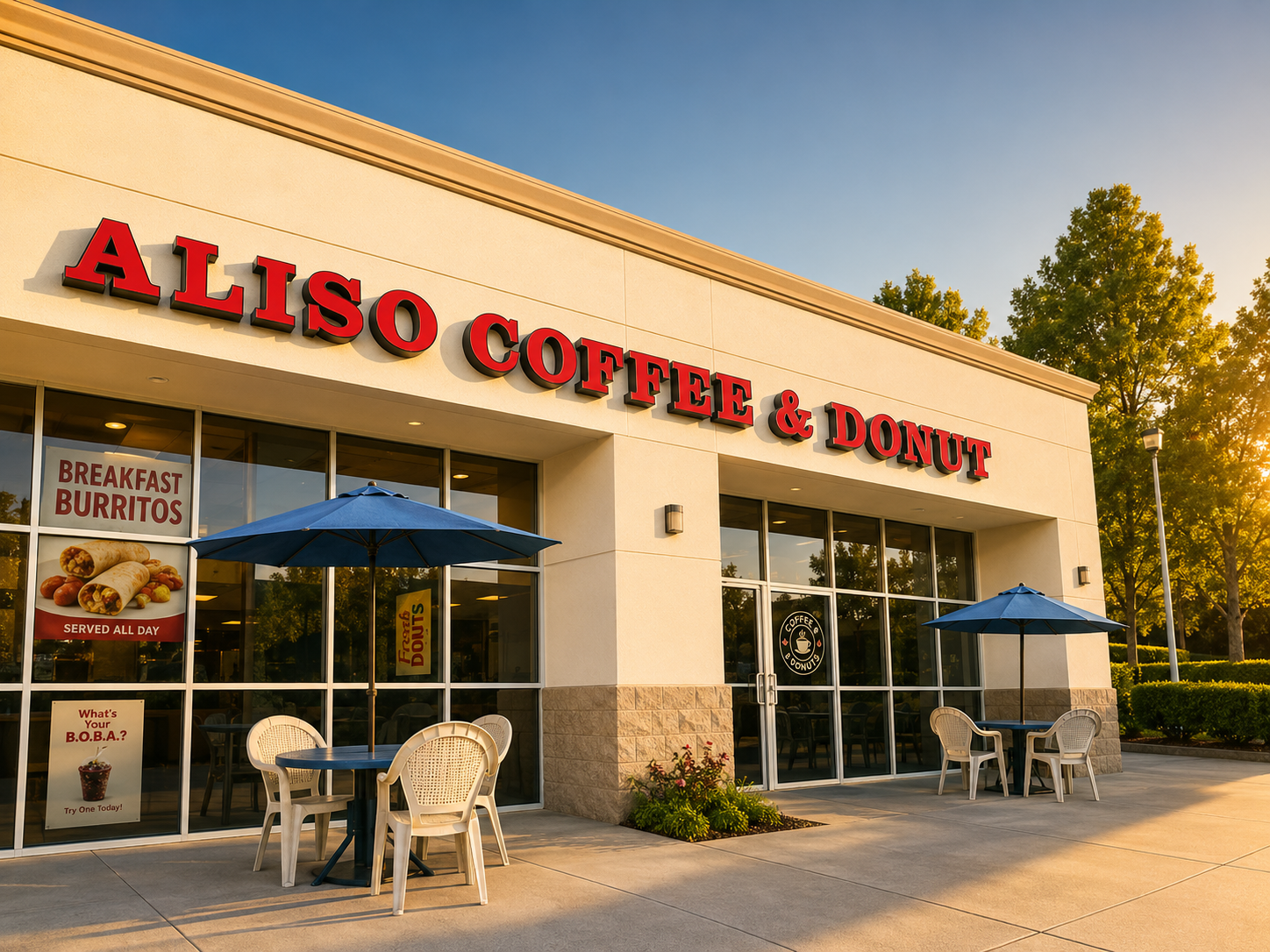 Full storefront view of Aliso Coffee & Donut